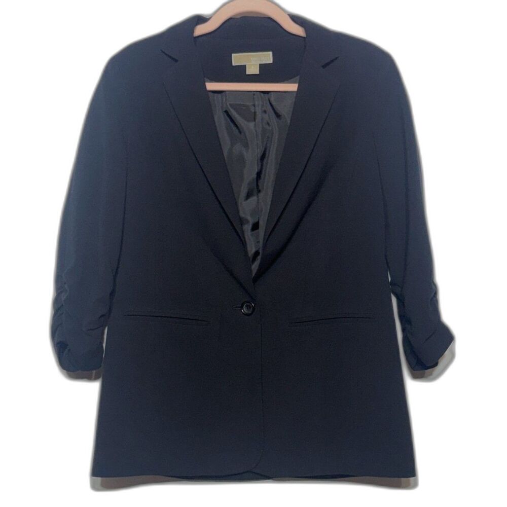 Michael Kors Black Ruched 3/4 Sleeve Single Button Blazer Jacket Sz 4